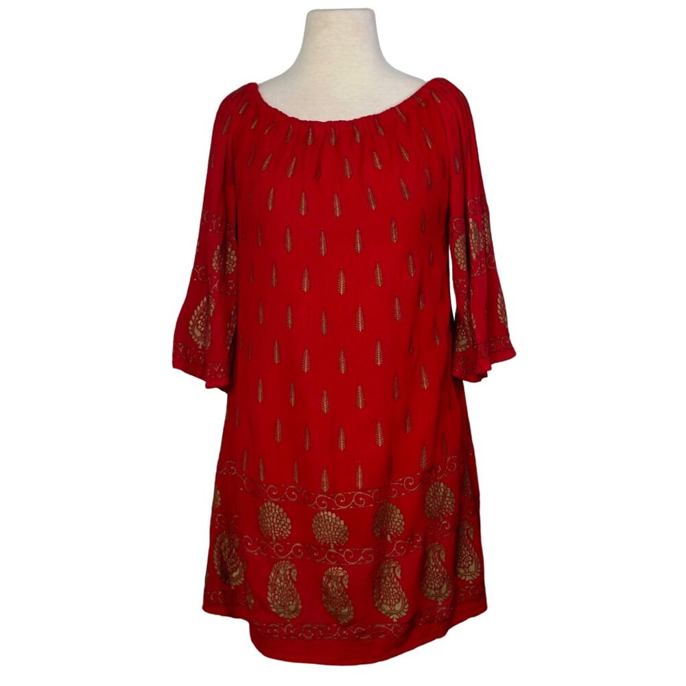 Lapogee Gold & Red Long Sleeve Indie Paisley Stamp Boho Mini Shift Dress Size M